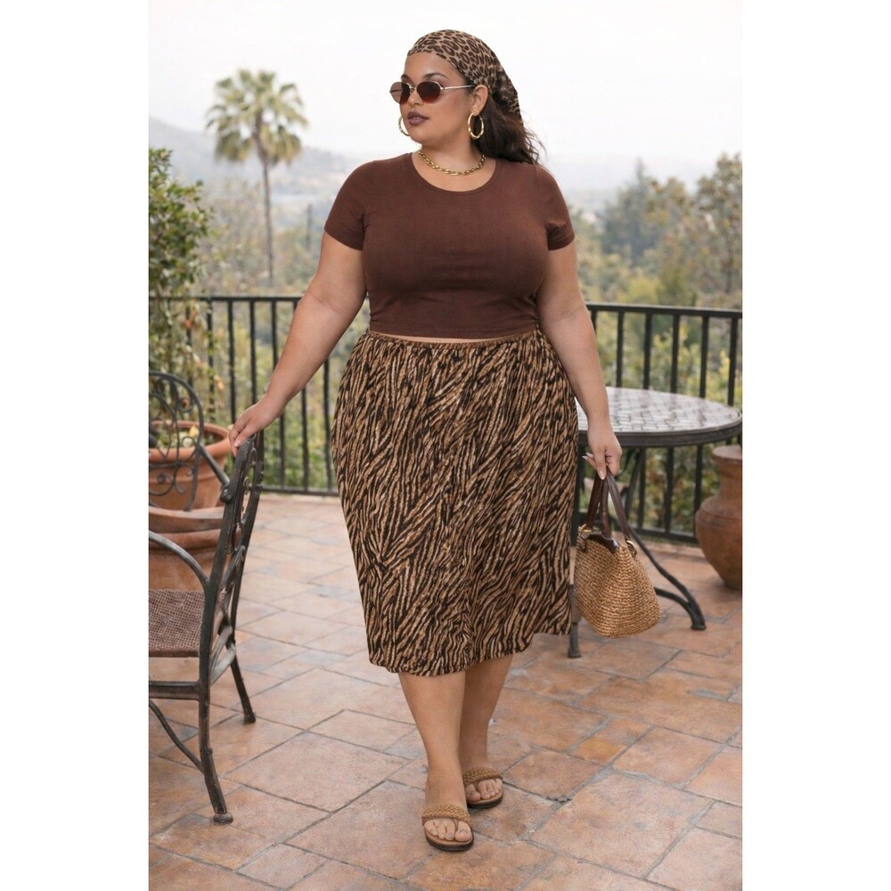 Fashion Bug Skirt Women 22W 24W Brown Abstract Print Boho Tropical Vintage Y2K